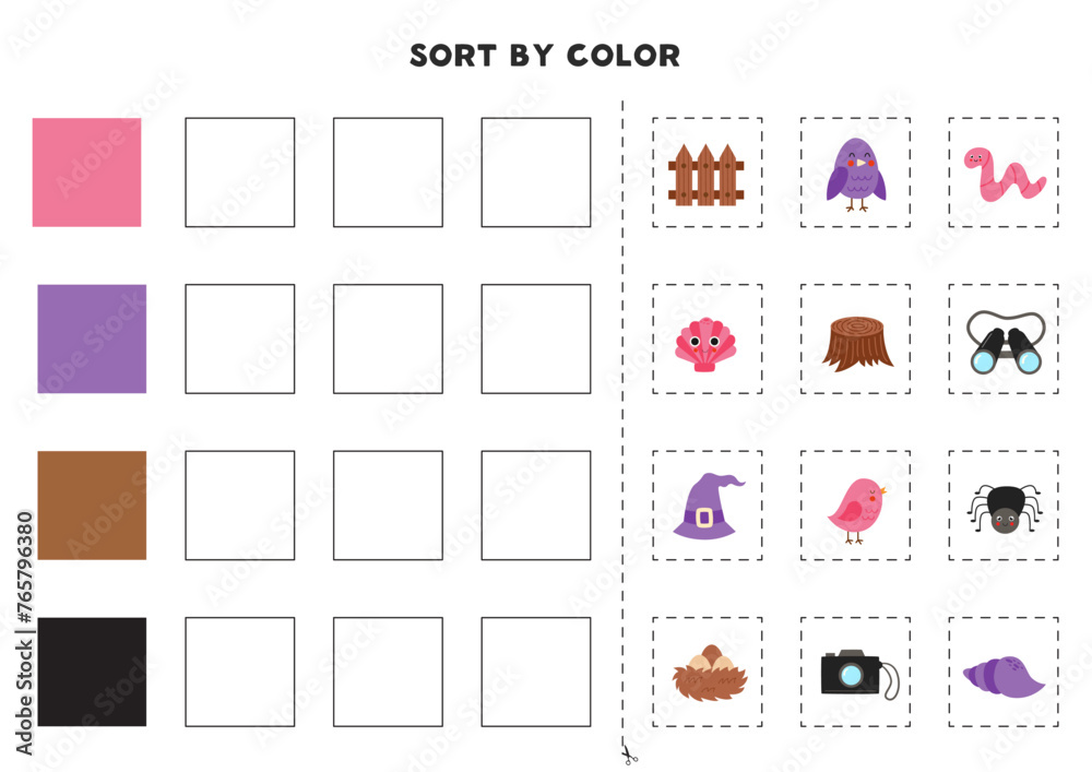 Sort pictures by color. Basic colors for kids. Game for kids. Cut and glue.