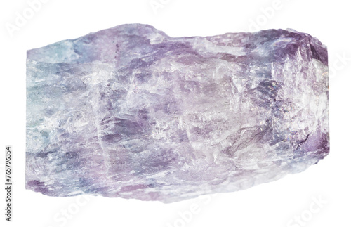 close up of sample of natural stone from geological collection - raw purple striped fluorite mineral isolated on white background