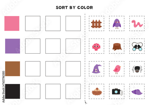 Sort pictures by color. Basic colors for kids. Game for kids. Cut and glue.
