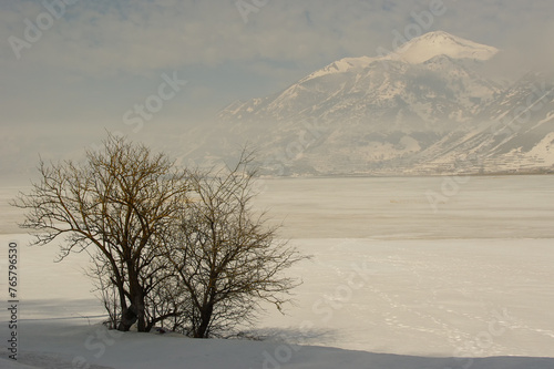 Winter view of the frozen Lake Matese, Campania, Italy