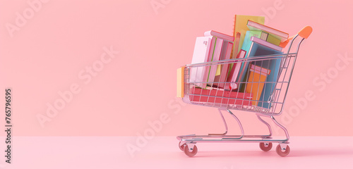 A 3D shopping cart filled with books and stationery items, positioned against a pastel-colored flat background to create a cheerful and inviting shopping environment