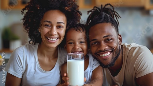 The children are joyfully drinking milk with their parents, enjoying quality time together.