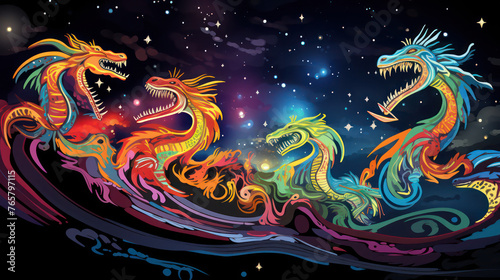 Vibrant Cosmic Dragon Dance Illustration on Starry Space Background