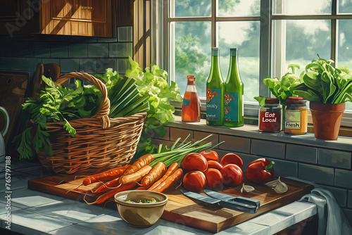 Sunlit kitchen scene with fresh vegetables and locally sourced products