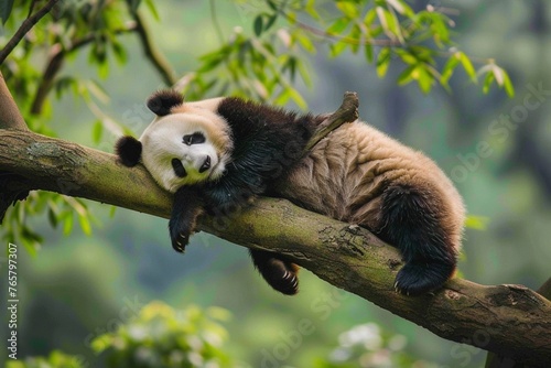 Lazy Panda Bear Sleeping on a Tree BranchChina Wildlife Bifengxia nature reserveSichuan Province--v 60 photo