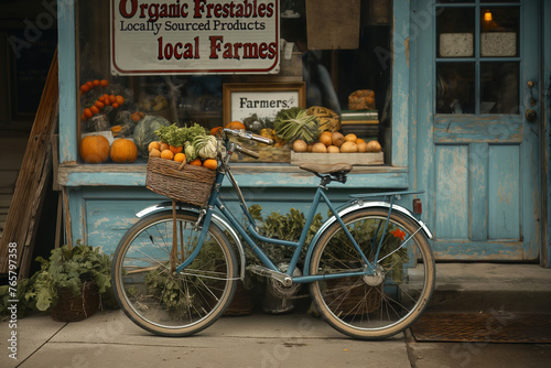 Vintage bike with a basket of fresh produce parked by a rustic organic farm shop photo