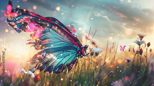 A colorful butterfly flutters among wildflowers in a sunny meadow