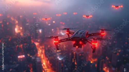 A futuristic cityscape with hovering drones and neon lights illuminating the skyline