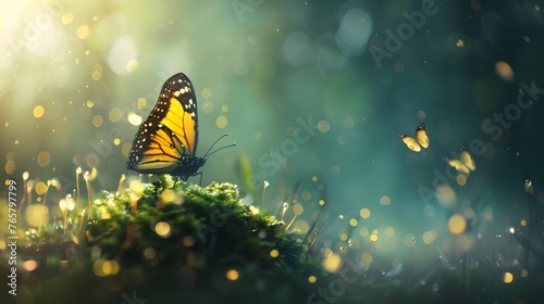 A colorful butterfly with orange and yellow wings rests on a flower in a summer garden photo