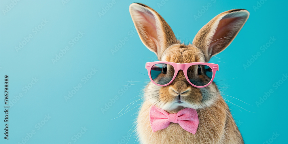 Funny easter concept holiday animal celebration greeting card - Cool easter bunny, rabbit with pink sunglasses and bow tie, isolated on blue