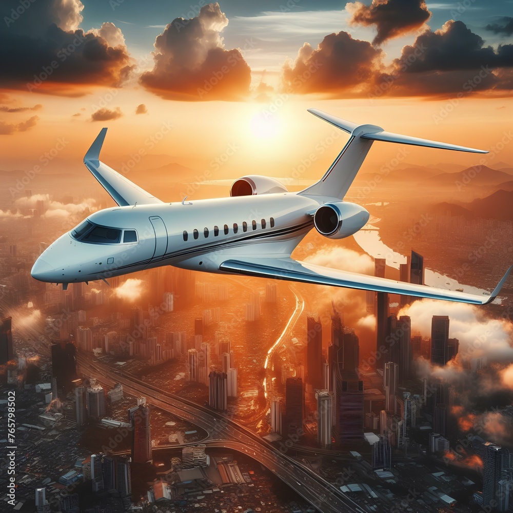 Fototapeta premium Private white luxury jet flying at sunset over a big city in the sky.