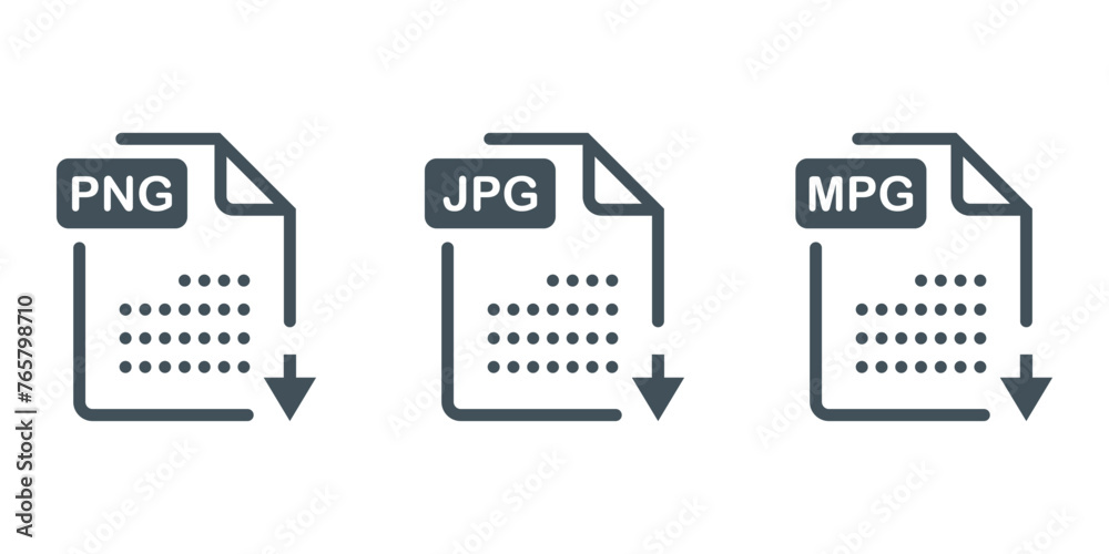 Icon Set of graphic templates jpg, png, image, mpg, archive, code and document file in white black Icon Set of graphic templates jpg, png, image, mpg, archive, code and document file in white black