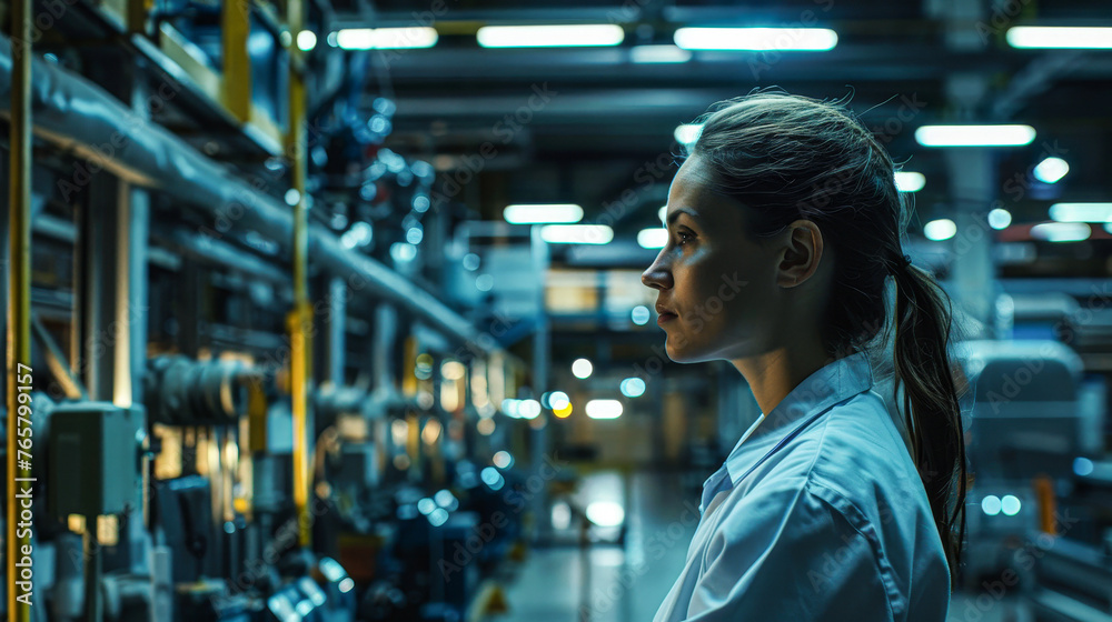 A woman in a white lab coat stands in front of a machine, looking at it intently A woman in a white lab coat stands in front of a machine, looking at it intently