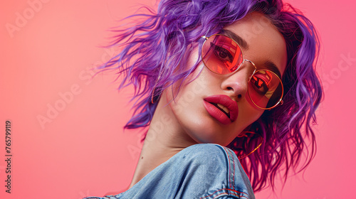 A woman with purple hair and red sunglasses. She is wearing a blue shirt. The image has a bright and bold color scheme, with the pink background and the purple hair and sunglasses