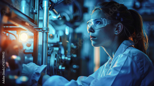 A woman in a lab coat is wearing safety goggles and looking at a machine. Concept of focus and concentration as the woman works in a scientific environment