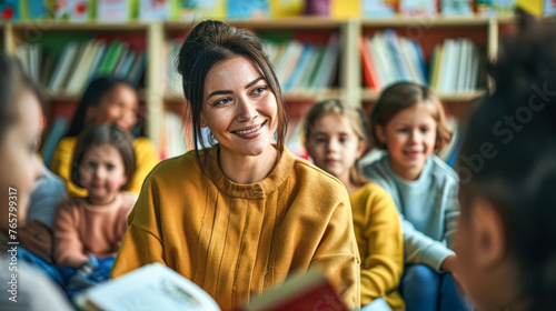 A woman in a yellow sweater is smiling at a group of children. The children are sitting around her, and some of them are reading books. The scene conveys a warm and friendly atmosphere photo