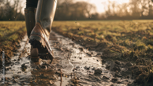 A person is walking through a muddy field with their boots in the mud. Concept of adventure and exploration, as the person is venturing into the muddy terrain