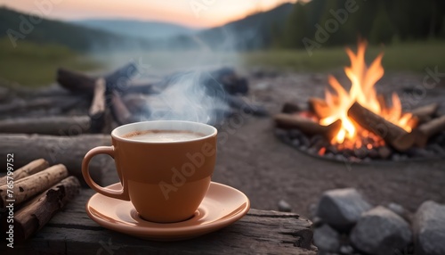 coffee on cup, campfire on the background