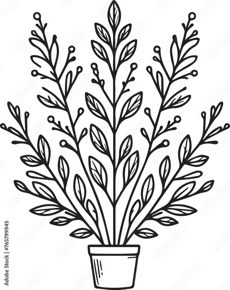 Fototapeta premium Flower and pot outline vector, Floral Decoration Branch Leaf.