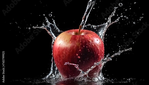 fresh water splash on red apple isolated on black