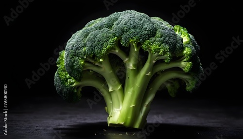 Green broccoli levitating on a black background.