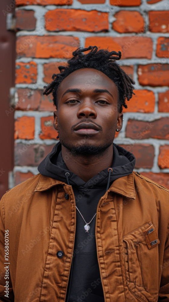 Portrait of African attractive man against background of red brick wall Portrait of African attractive man against background of red brick wall