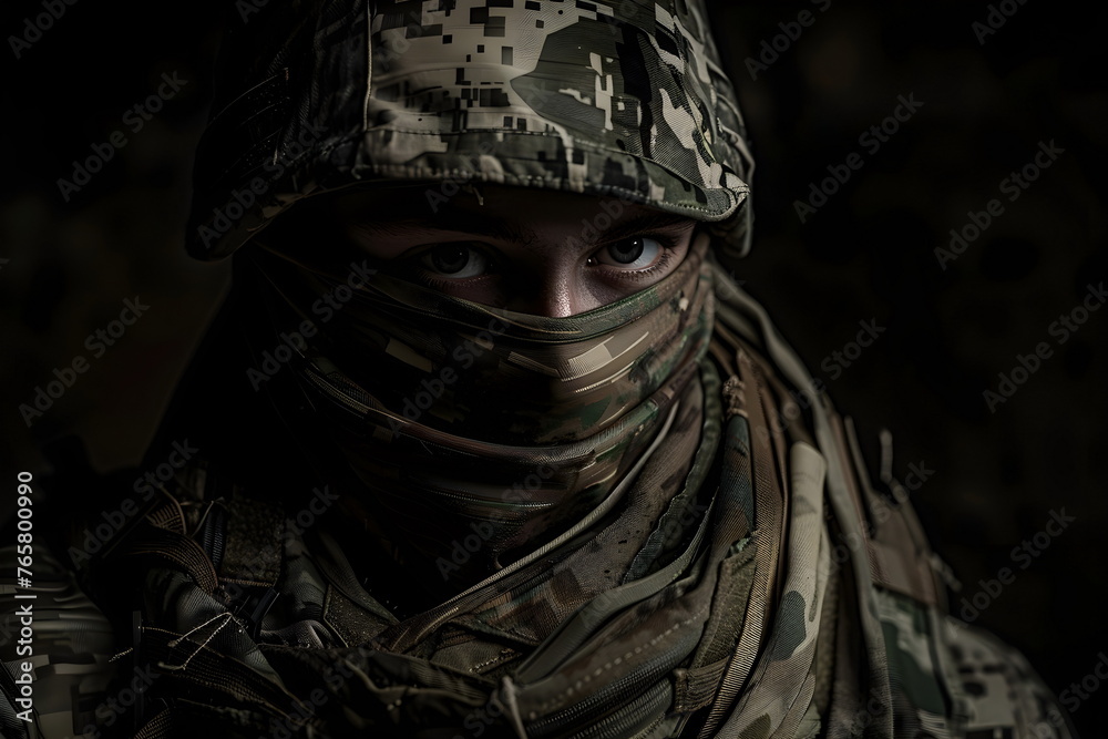 Portrait of a military man in camouflage suit - obrazy, fototapety, plakaty 