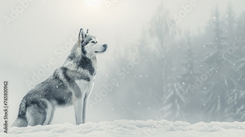 A dog is standing in the snow with its head up, looking to the right photo