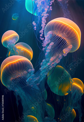 Amazing glowing jellyfish underwater. AI generated.