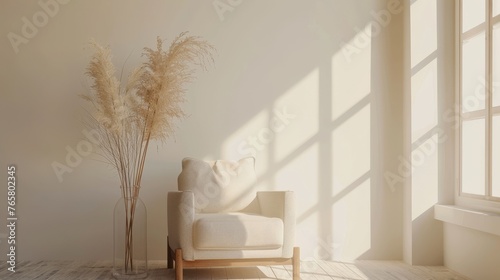  Soft armchair and a vase with dry grass in empty room