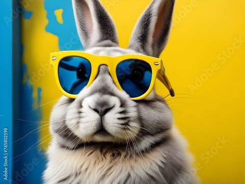 A cute Easter bunny wearing a blue sunglasses, with a funny smile ,  standing  in front of  a bright yellow wall © Tharu