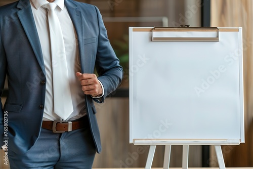 A professional in a suit standing next to a blank presentation board.