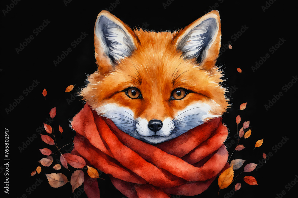 Fototapeta premium Charming cute red fox cub with glasses and in a red knitted scarf in the autumn leaves. Beautiful watercolor illustration. Portrait of a wild forest animal, suitable for clothes, posters, books.