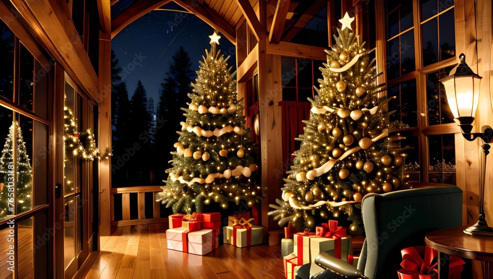 Cozy Christmas setting with decorated trees and gifts inside a wooden cabin, warm festive ambiance at night.