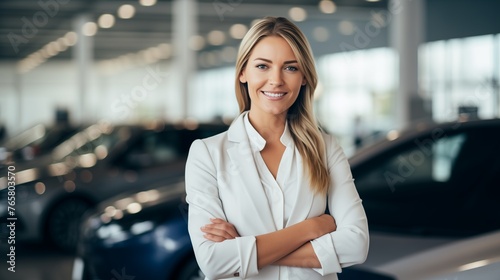 Professional luxury car saleswoman in a luxurious showroom, showcasing the elegance of the auto dealership office.  © Wajid
