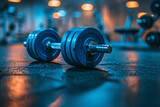 Dumbbell free weight used in weight training on gym floor