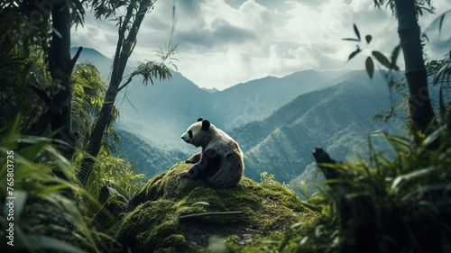 Oso panda en paisaje de bamboo © Iker