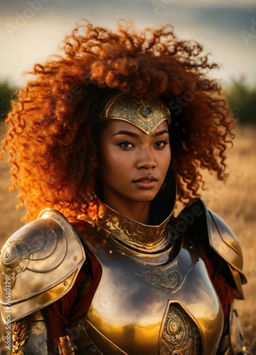 a woman with a red hair and a gold crown is standing in a field