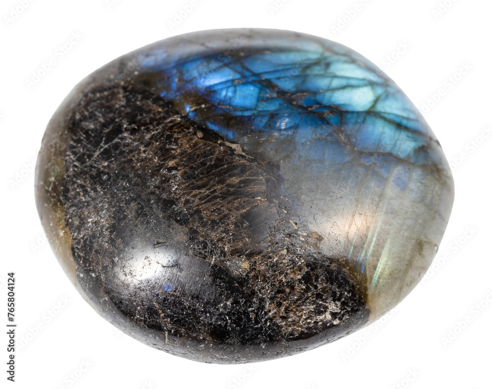close up of sample of natural stone from geological collection - polished labradorite mineral isolated on white background from Madagascar - obrazy, fototapety, plakaty 
