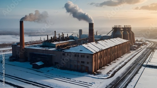 plant in the winter. an aerial view of a factory in the snow, a detailed matte painting. Ai ganereted image. © Icon
