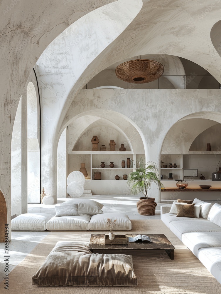 A space with white arches with style furniture, minimalist architecture,