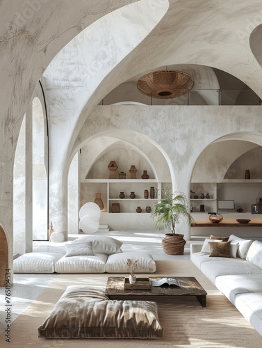 A space with white arches with style furniture  minimalist architecture 