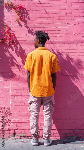 Portrait of African attractive man against background of pink brick wall © sofiko14