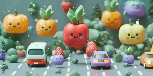 A miniature 3D world where cars and trucks are replaced by cute  animated fruits and vegetables zooming through a charming  pastel-hued cityscape