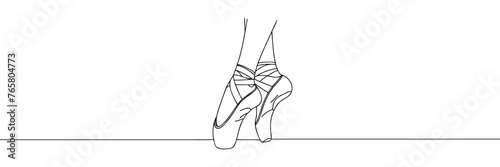 Ballerina's feet in pointe shoes. World Ballet Day. One line drawing for different uses. Vector illustration
