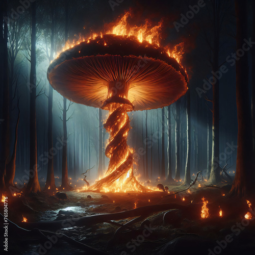 Massive Fiery Mushroom in Enchanted Forest photo