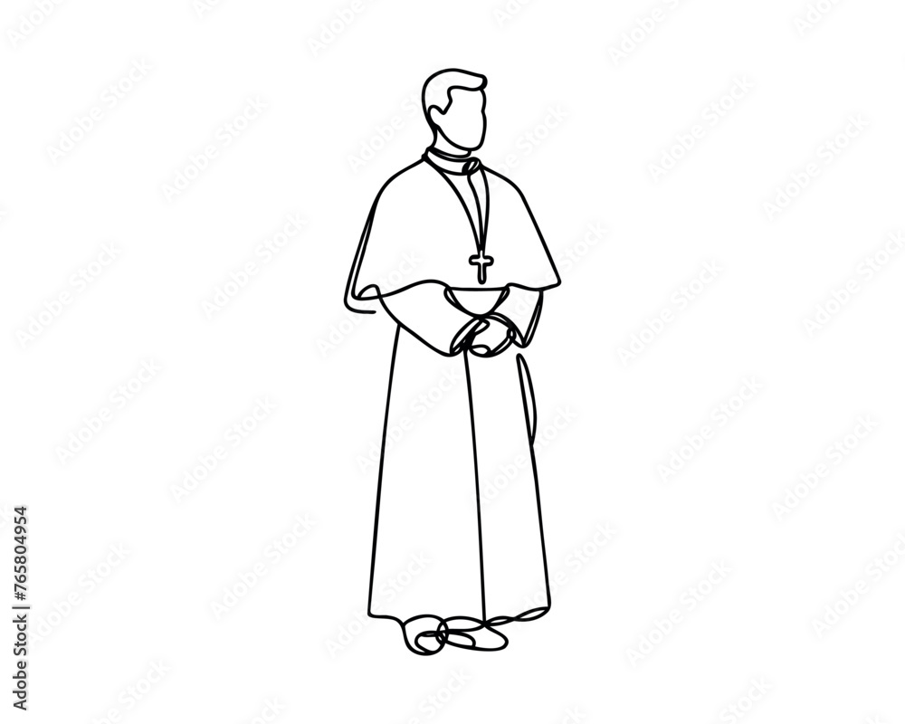 One continuous line drawing of a male priest. One continuous line drawing of a male priest.