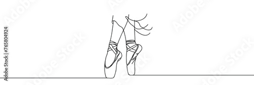 Ballerina's feet in pointe shoes. World Ballet Day. One line drawing for different uses. Vector illustration