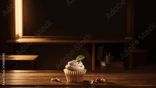 Chocolate caramel cupcake with nuts and white butter cream. Wooden table and dark background. Ai generated.