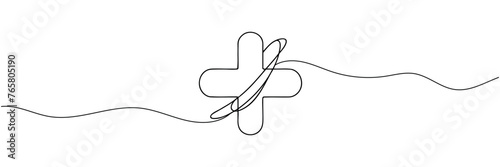 Continuous linear drawing of plus sign. Plus icon. Abstract background drawn with one line. Vector illustration